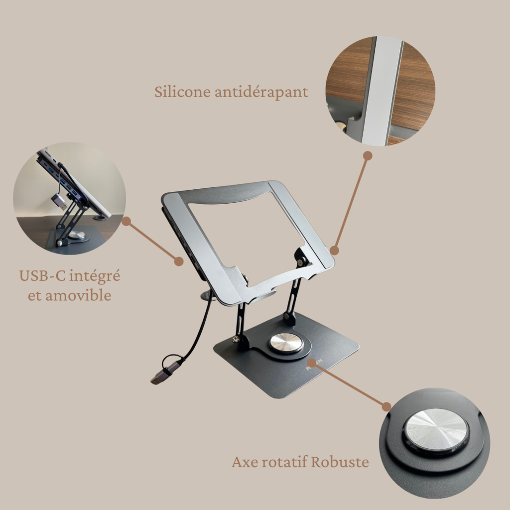Support Ordinateur Ergonomique avec Hub USB-C – Rotation 360° & Design Premium