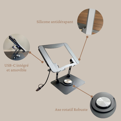 Support Ordinateur Ergonomique avec Hub USB-C – Rotation 360° & Design Premium
