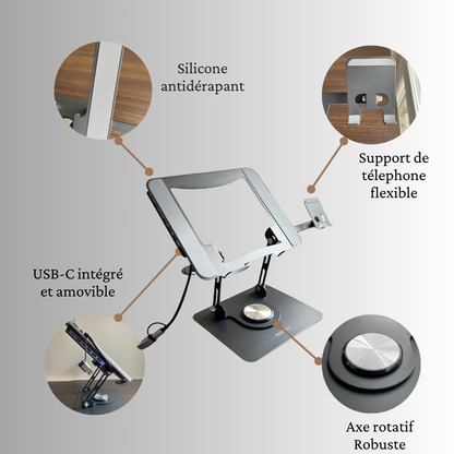 Support Ordinateur Ergonomique 2-en-1 avec Hub USB-C & Support Téléphone – Rotation 360°
