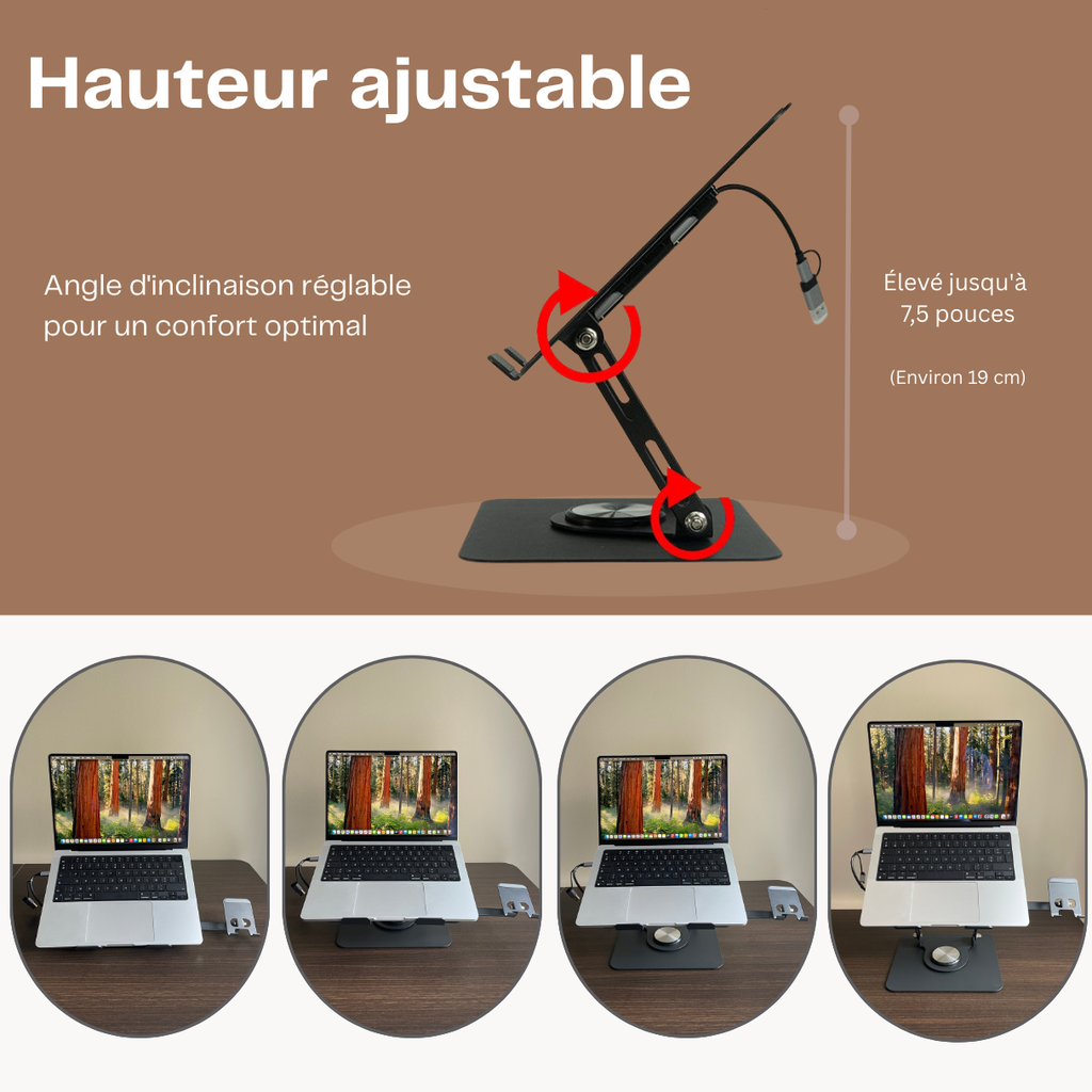 Support Ordinateur Ergonomique 2-en-1 avec Hub USB-C & Support Téléphone – Rotation 360°