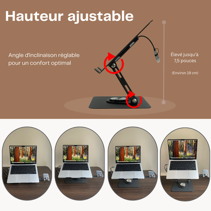 Support Ordinateur Ergonomique 2-en-1 avec Hub USB-C & Support Téléphone – Rotation 360°