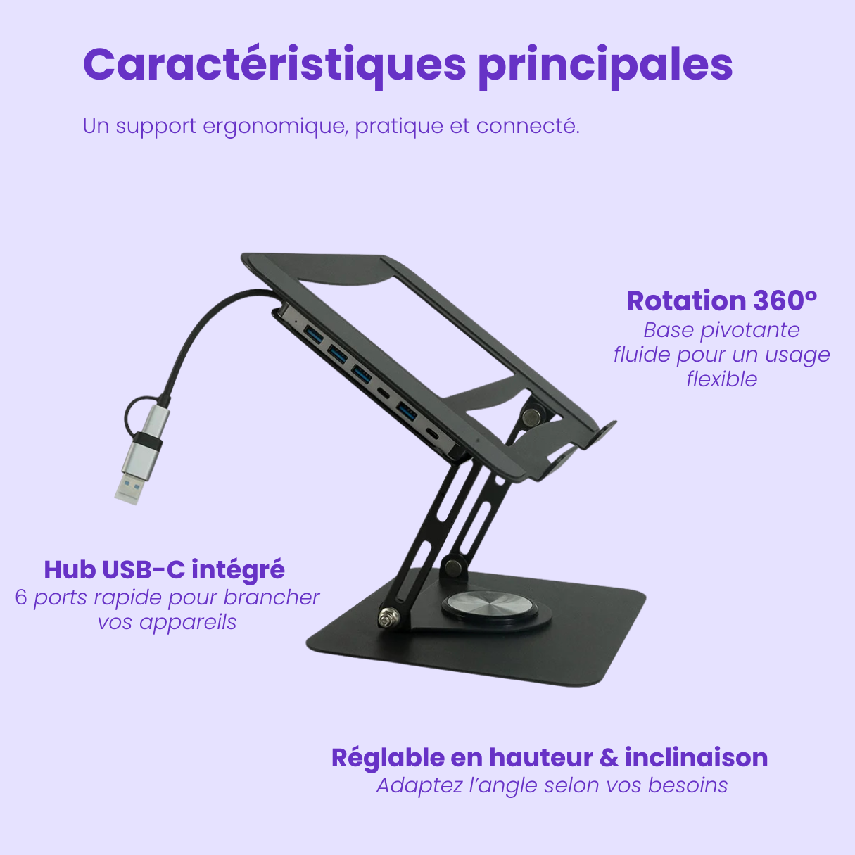 Support Ordinateur Ergonomique avec Hub USB-C – Rotation 360° & Design Premium