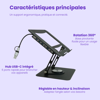 Support Ordinateur Ergonomique avec Hub USB-C – Rotation 360° & Design Premium