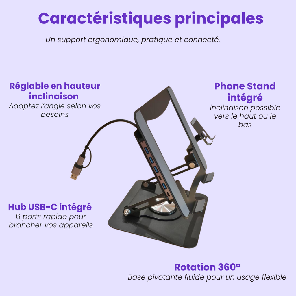 Support Ordinateur Ergonomique 2-en-1 avec Hub USB-C & Support Téléphone – Rotation 360°