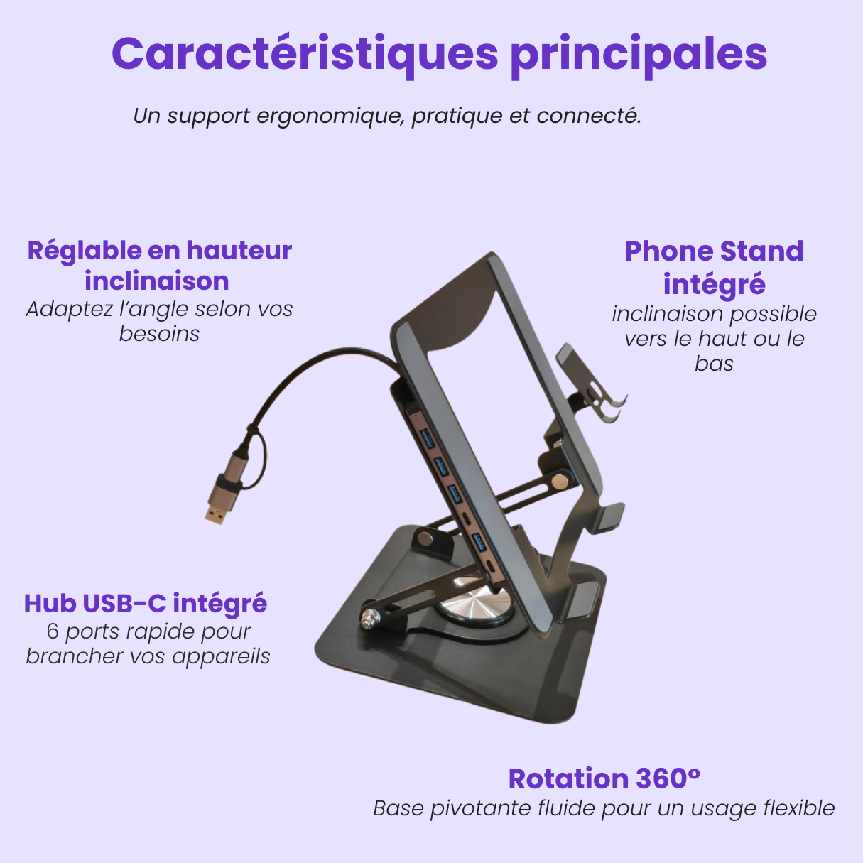 Support Ordinateur Ergonomique 2-en-1 avec Hub USB-C & Support Téléphone – Rotation 360°