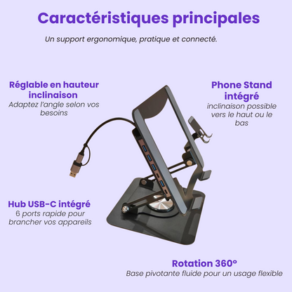 Support Ordinateur Ergonomique 2-en-1 avec Hub USB-C & Support Téléphone – Rotation 360°